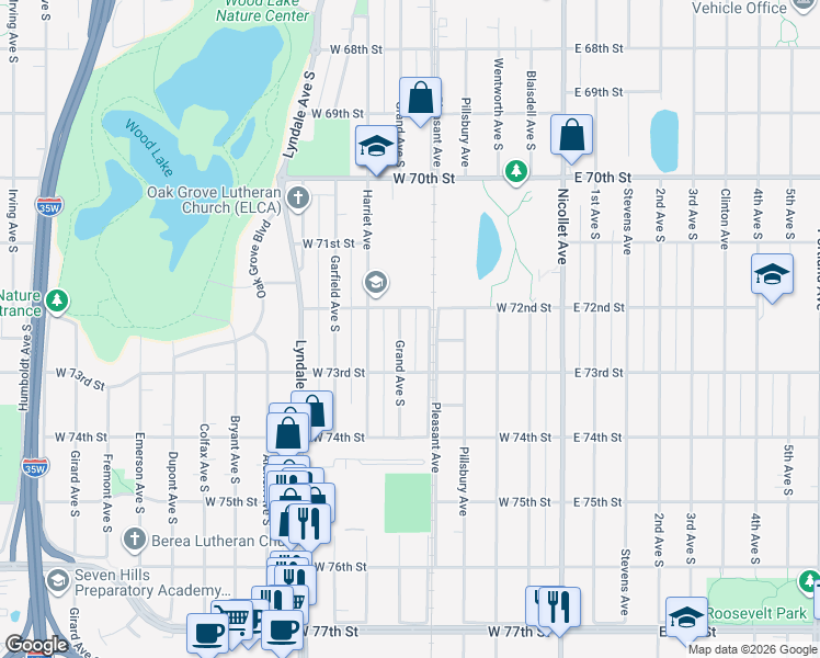 map of restaurants, bars, coffee shops, grocery stores, and more near 7200 Pleasant Avenue in Minneapolis