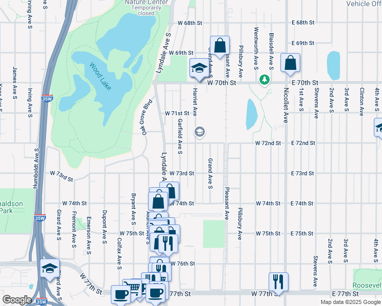 map of restaurants, bars, coffee shops, grocery stores, and more near 7200 Harriet Avenue in Minneapolis