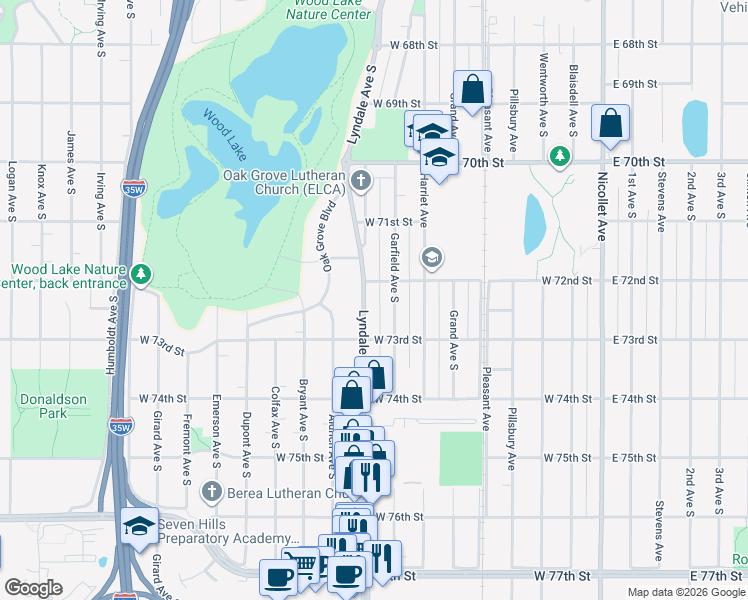 map of restaurants, bars, coffee shops, grocery stores, and more near 7201 Lyndale Avenue South in Minneapolis