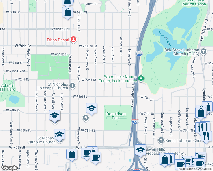 map of restaurants, bars, coffee shops, grocery stores, and more near 7201 Logan Avenue South in Minneapolis