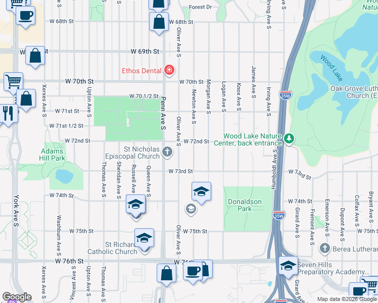 map of restaurants, bars, coffee shops, grocery stores, and more near 7209 Newton Avenue South in Minneapolis