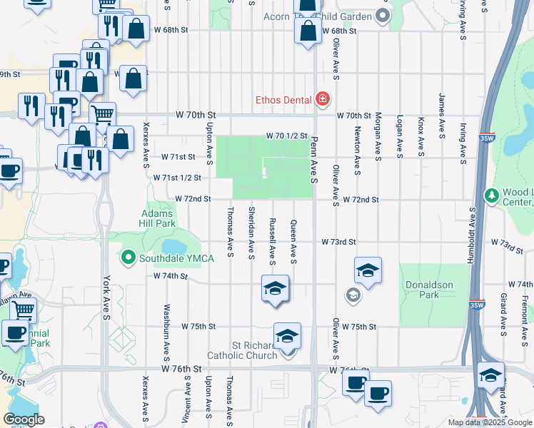 map of restaurants, bars, coffee shops, grocery stores, and more near 7201 Sheridan Avenue South in Minneapolis