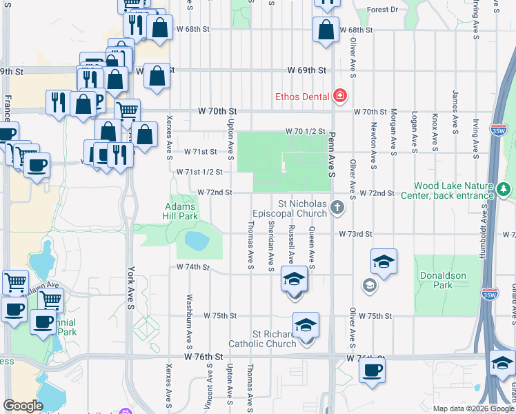 map of restaurants, bars, coffee shops, grocery stores, and more near 7201 Thomas Avenue South in Minneapolis
