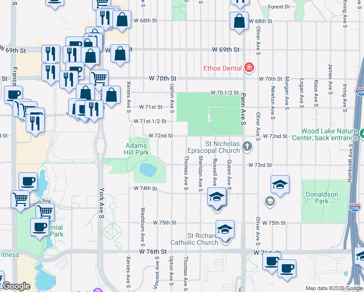 map of restaurants, bars, coffee shops, grocery stores, and more near 7201 Thomas Avenue South in Minneapolis