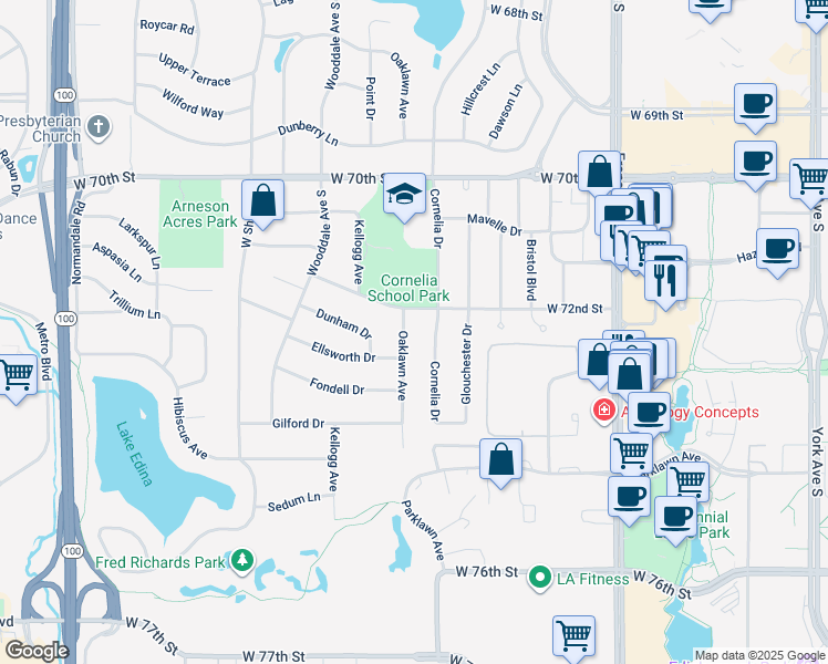 map of restaurants, bars, coffee shops, grocery stores, and more near 4401 Claremore Drive in Minneapolis