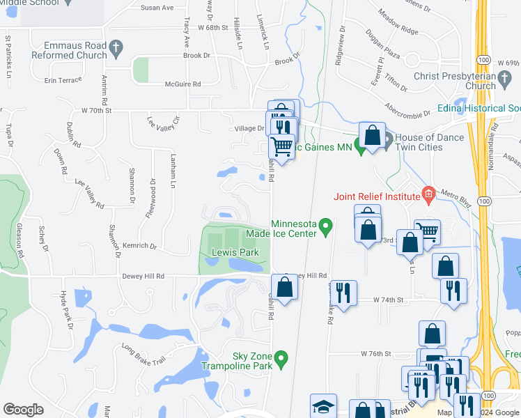 map of restaurants, bars, coffee shops, grocery stores, and more near 7227 Lewis Ridge Parkway in Minneapolis