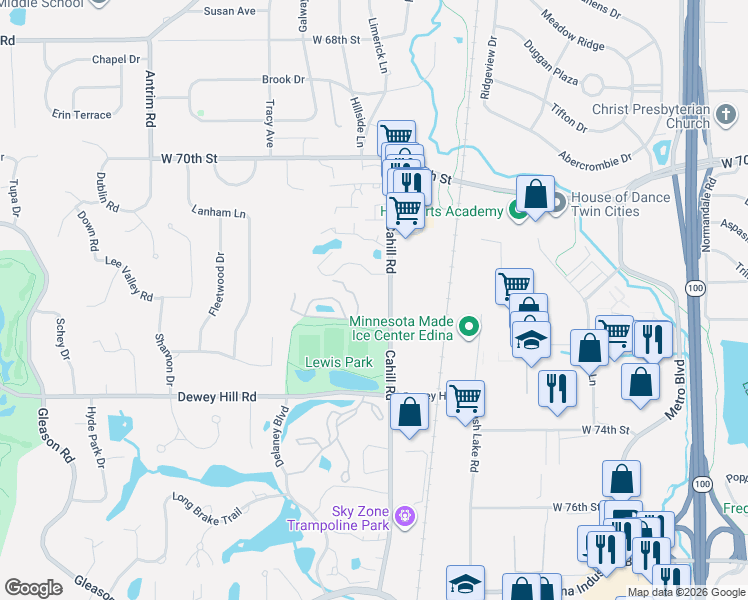 map of restaurants, bars, coffee shops, grocery stores, and more near 7227 Lewis Ridge Parkway in Minneapolis