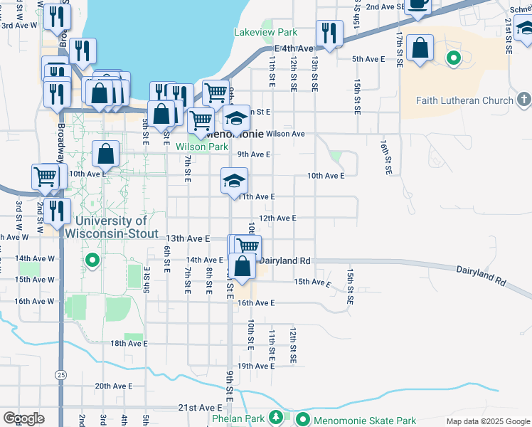 map of restaurants, bars, coffee shops, grocery stores, and more near 1109 11th Street East in Menomonie
