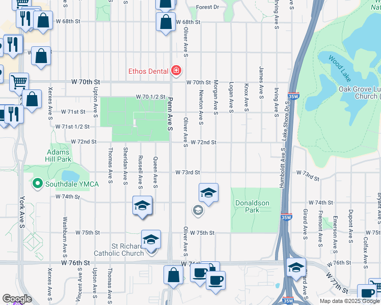 map of restaurants, bars, coffee shops, grocery stores, and more near 7200 Oliver Avenue South in Minneapolis