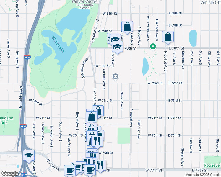map of restaurants, bars, coffee shops, grocery stores, and more near 7200 Harriet Avenue in Minneapolis