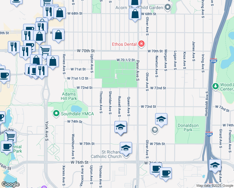 map of restaurants, bars, coffee shops, grocery stores, and more near 7201 Sheridan Avenue South in Minneapolis