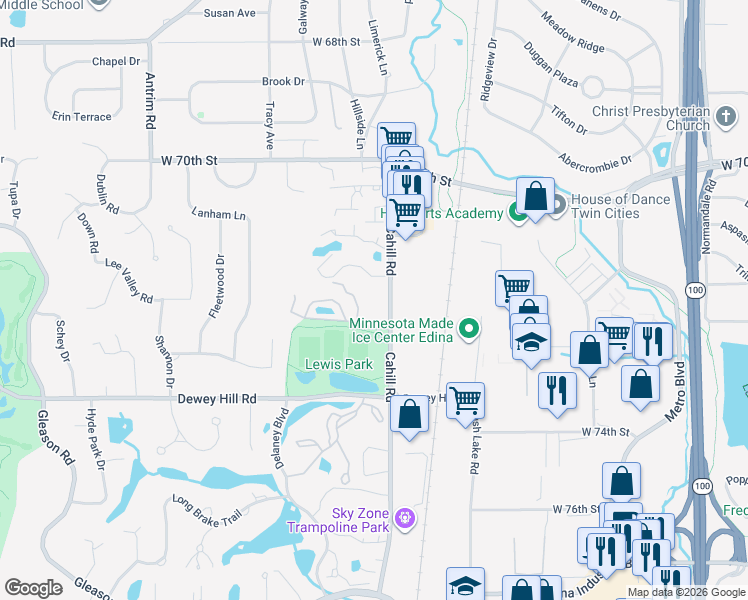 map of restaurants, bars, coffee shops, grocery stores, and more near 7227 Lewis Ridge Parkway in Minneapolis