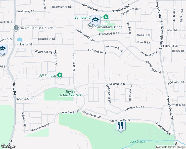 map of restaurants, bars, coffee shops, grocery stores, and more near 5725 Peters Place Southeast in Salem