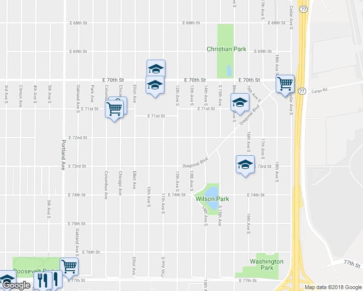 map of restaurants, bars, coffee shops, grocery stores, and more near 7208 12th Avenue South in Minneapolis