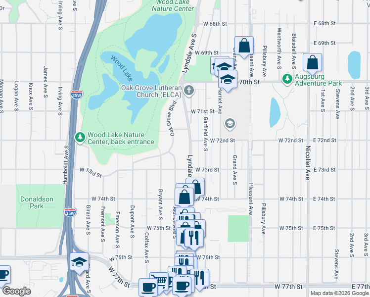 map of restaurants, bars, coffee shops, grocery stores, and more near 7121 Oak Grove Boulevard in Minneapolis