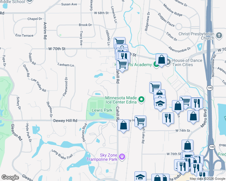 map of restaurants, bars, coffee shops, grocery stores, and more near 7227 Lewis Ridge Parkway in Minneapolis