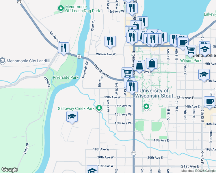 map of restaurants, bars, coffee shops, grocery stores, and more near 327 12th Avenue West in Menomonie