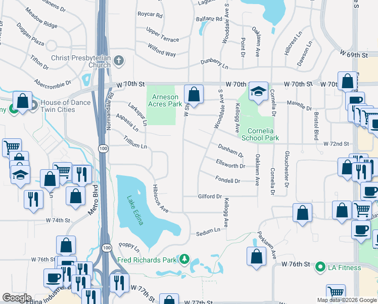 map of restaurants, bars, coffee shops, grocery stores, and more near 7209 West Shore Drive in Minneapolis