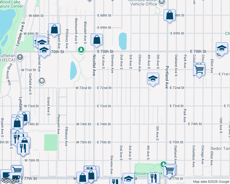 map of restaurants, bars, coffee shops, grocery stores, and more near 7200 Stevens Avenue in Minneapolis