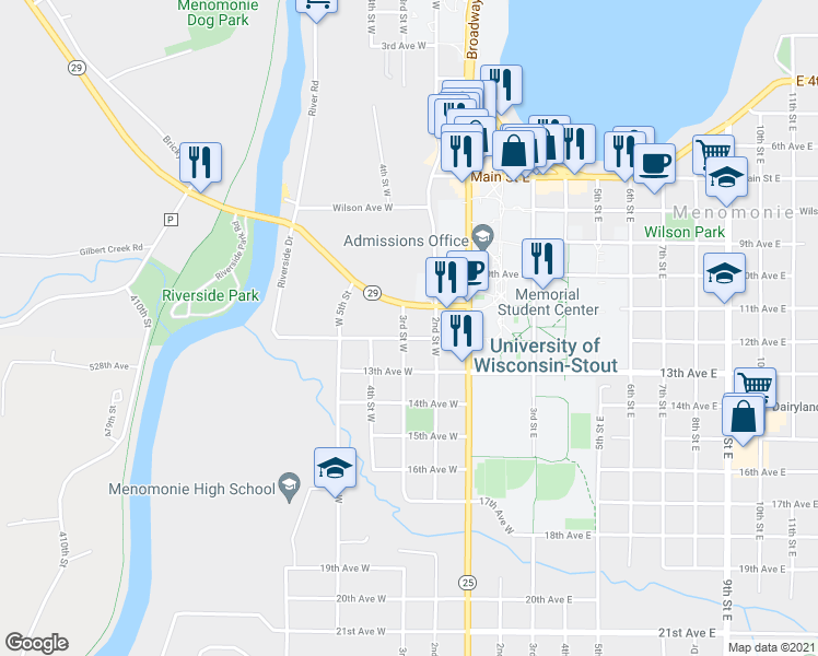 map of restaurants, bars, coffee shops, grocery stores, and more near 221 12th Avenue West in Menomonie