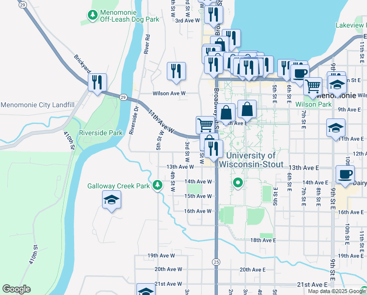 map of restaurants, bars, coffee shops, grocery stores, and more near 221 12th Avenue West in Menomonie