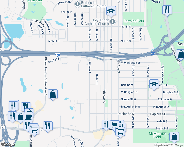 map of restaurants, bars, coffee shops, grocery stores, and more near 1111 9th Avenue South in South Saint Paul