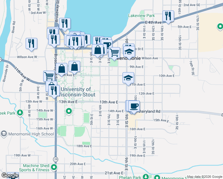 map of restaurants, bars, coffee shops, grocery stores, and more near 706 11th Avenue East in Menomonie