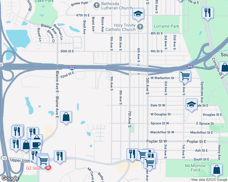 map of restaurants, bars, coffee shops, grocery stores, and more near 1111 9th Avenue South in South Saint Paul