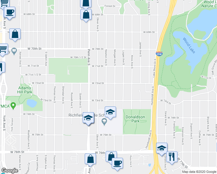 map of restaurants, bars, coffee shops, grocery stores, and more near 7209 Newton Avenue South in Minneapolis
