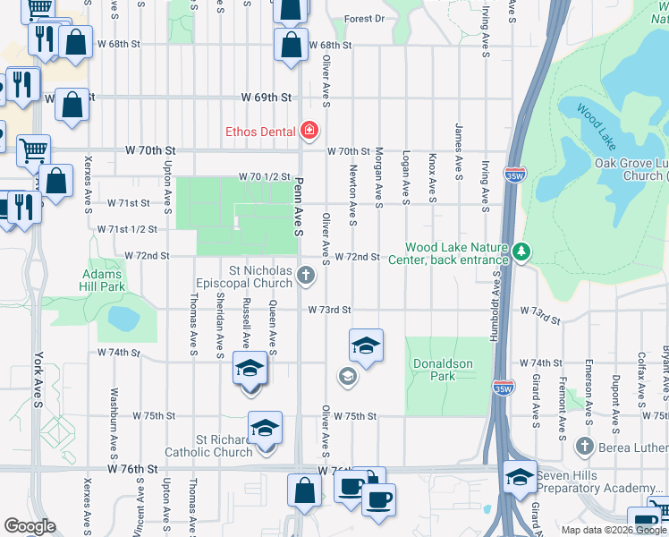 map of restaurants, bars, coffee shops, grocery stores, and more near 7200 Oliver Avenue South in Minneapolis