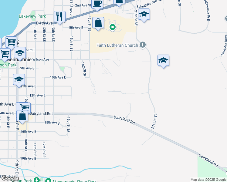 map of restaurants, bars, coffee shops, grocery stores, and more near 1878 11th Street East in Menomonie