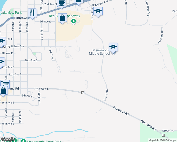 map of restaurants, bars, coffee shops, grocery stores, and more near 2205 11th Avenue East in Menomonie