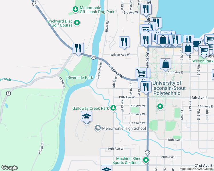 map of restaurants, bars, coffee shops, grocery stores, and more near 601 12th Avenue West in Menomonie