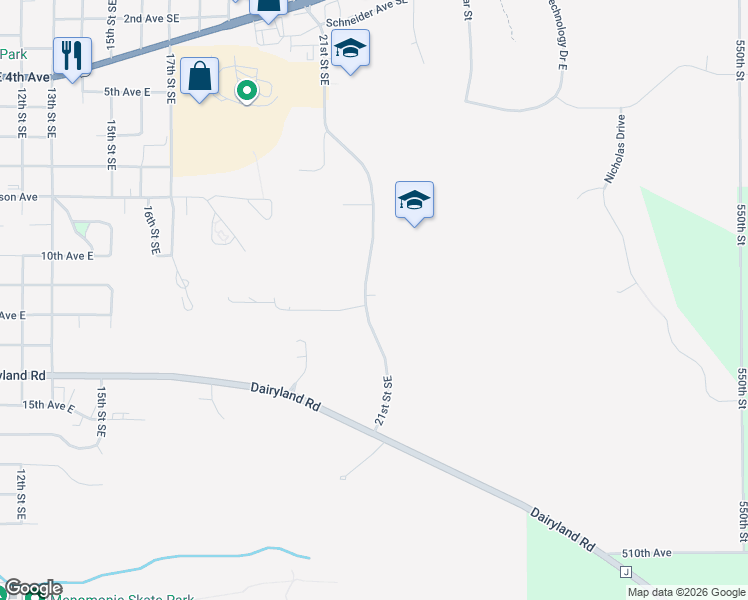 map of restaurants, bars, coffee shops, grocery stores, and more near 1140 21st Street Southeast in Menomonie
