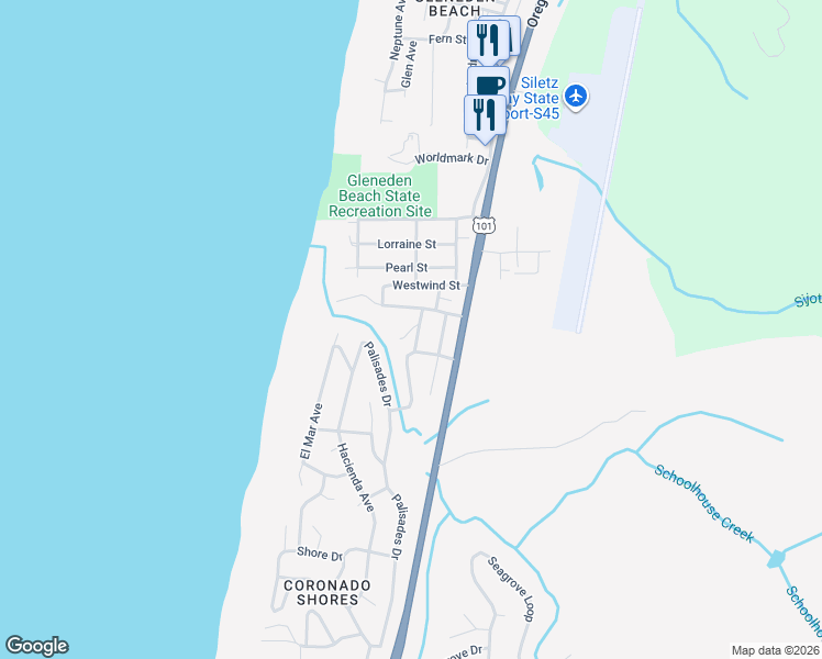 map of restaurants, bars, coffee shops, grocery stores, and more near 6021-6041 Valley View Place in Lincoln City