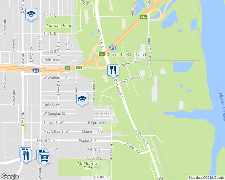 map of restaurants, bars, coffee shops, grocery stores, and more near 1101 Dale Place in South St. Paul