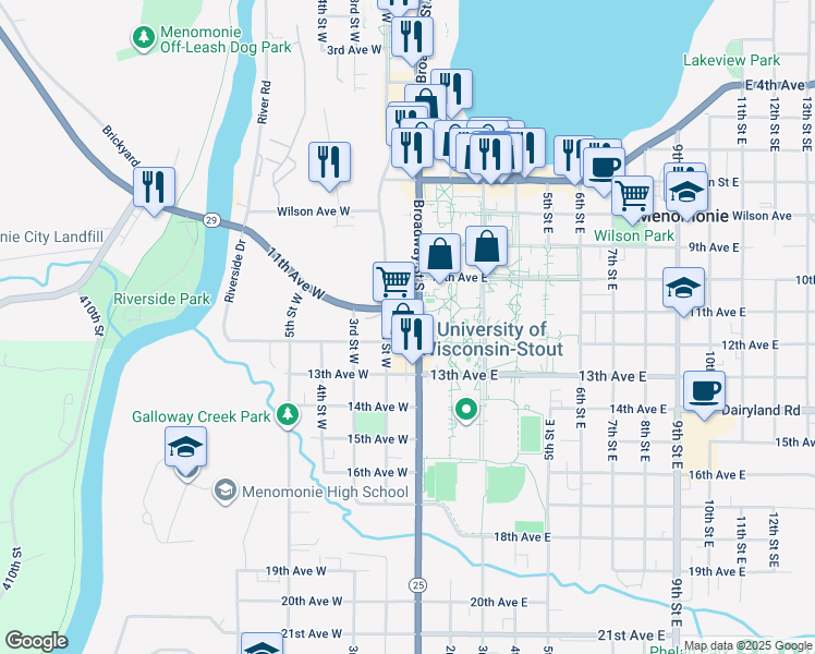 map of restaurants, bars, coffee shops, grocery stores, and more near 116 11th Avenue West in Menomonie