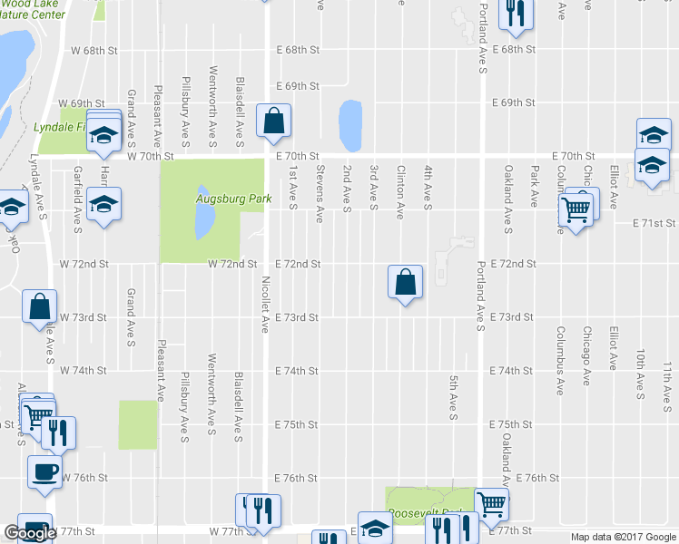 map of restaurants, bars, coffee shops, grocery stores, and more near 7204 2nd Avenue South in Richfield
