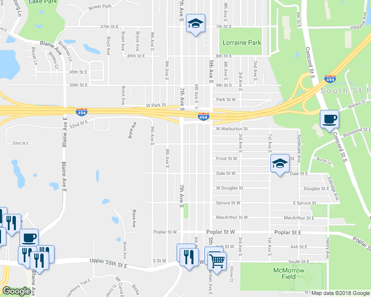 map of restaurants, bars, coffee shops, grocery stores, and more near 1107 7th Avenue South in South Saint Paul