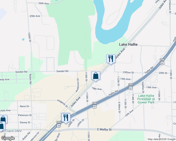 map of restaurants, bars, coffee shops, grocery stores, and more near 3860 Sundet Road in Chippewa Falls