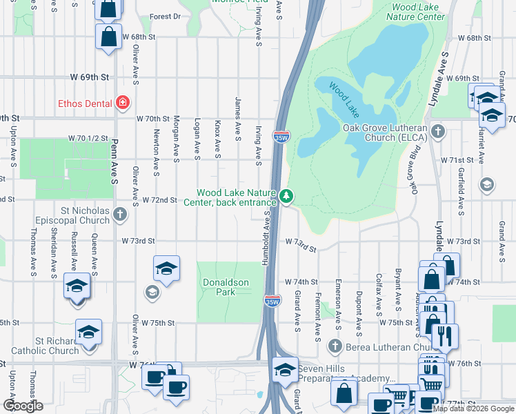 map of restaurants, bars, coffee shops, grocery stores, and more near 1611 West 72nd Street in Minneapolis