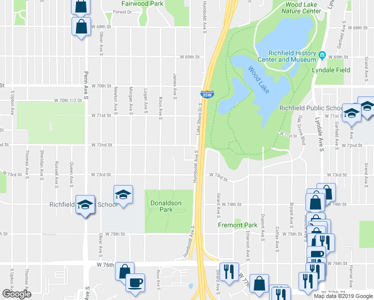 map of restaurants, bars, coffee shops, grocery stores, and more near 1611 West 72nd Street in Minneapolis