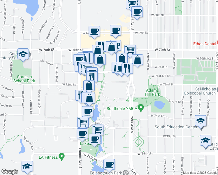 map of restaurants, bars, coffee shops, grocery stores, and more near 7220 York Avenue South in Minneapolis