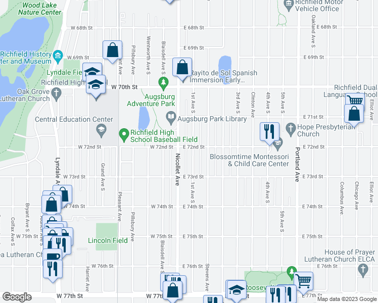 map of restaurants, bars, coffee shops, grocery stores, and more near 7204 1st Avenue South in Richfield