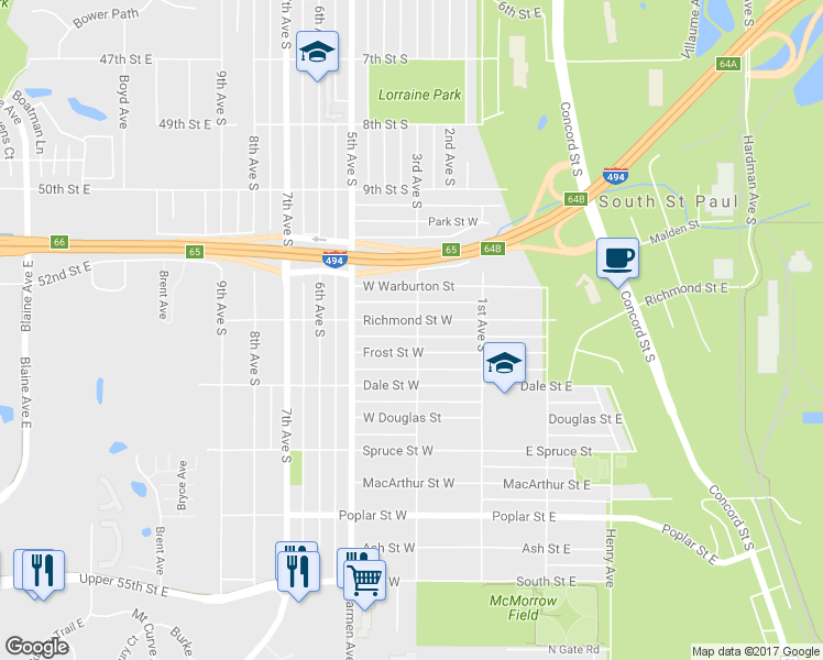 map of restaurants, bars, coffee shops, grocery stores, and more near 203 Richmond Street West in South Saint Paul