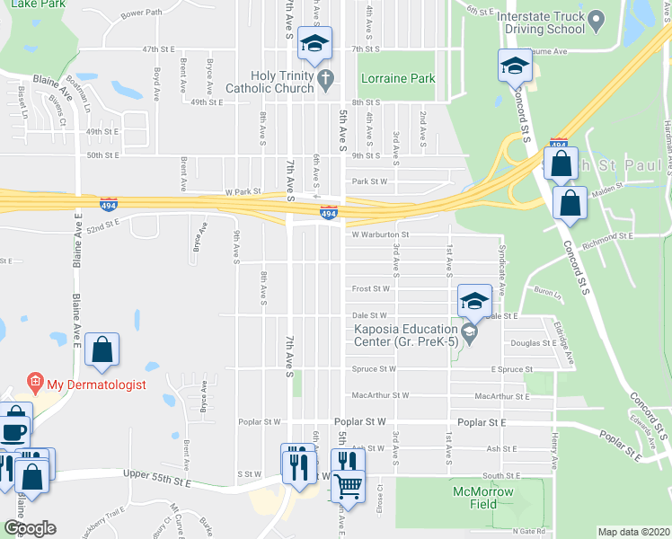 map of restaurants, bars, coffee shops, grocery stores, and more near 1104 5th Avenue South in South Saint Paul