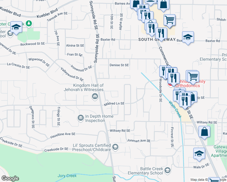 map of restaurants, bars, coffee shops, grocery stores, and more near 410 Valleywood Drive Southeast in Salem