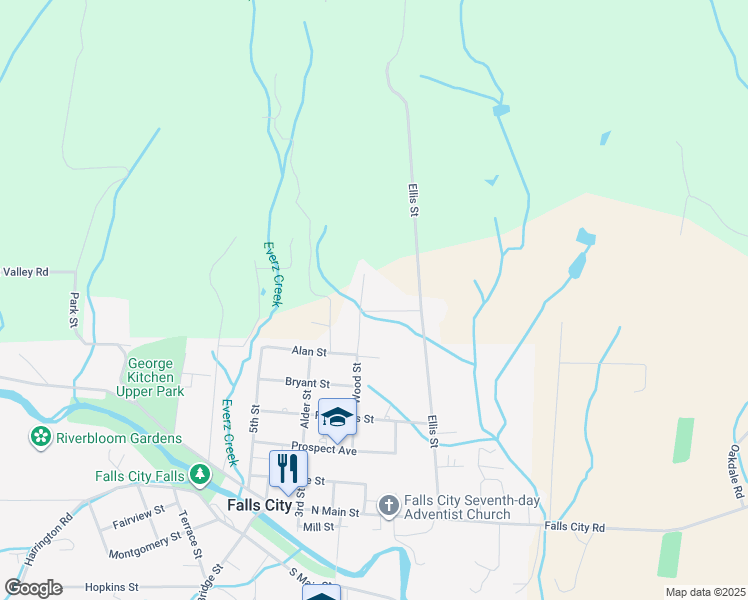 map of restaurants, bars, coffee shops, grocery stores, and more near 4355 Sample Road in Falls City