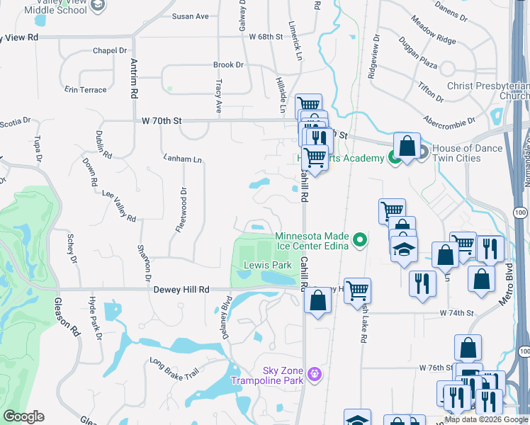 map of restaurants, bars, coffee shops, grocery stores, and more near 7240 Lewis Ridge Parkway in Minneapolis