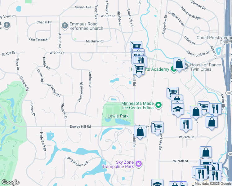 map of restaurants, bars, coffee shops, grocery stores, and more near 7240 Lewis Ridge Parkway in Minneapolis